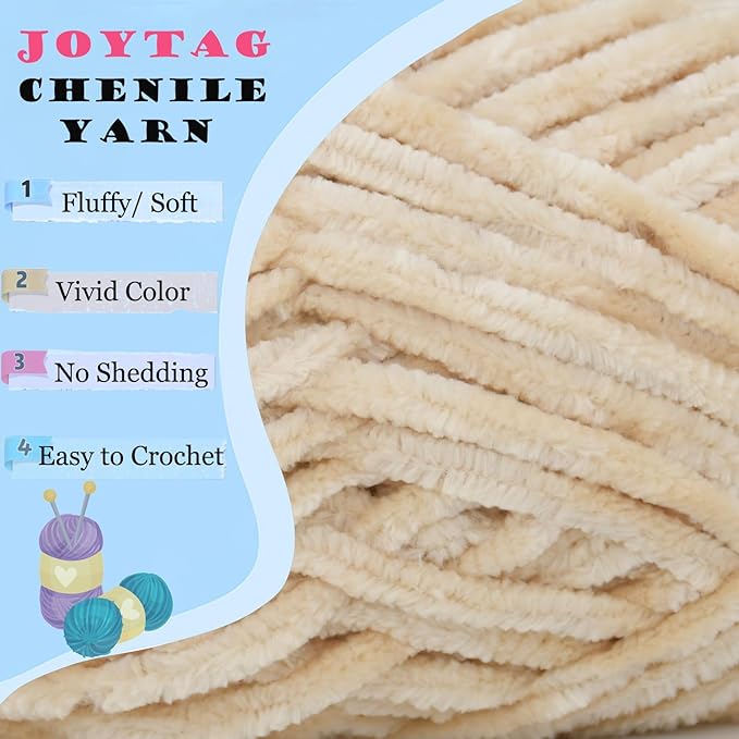 Velvet Chenille Yarn for Crocheting Beige Velvet Yarn Fluffy Plush Thick Bulky Chunky Chenille Velvet Soft Baby Blanket Yarn for Crocheting Hand Knitting 100g-Beige