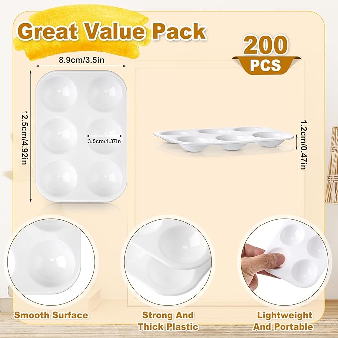 Thenshop 200 Pcs White Plastic Paint Palette 6 Well Watercolor Palette Rectangular Paint Tray Palette Mixing Palette for Kids Student Adult DIY Craft Art Acrylic Painting