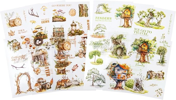 Forest Adventure Sticker Book Set, 20Sheets PET&Washi Pre-Cut Stickers for Scrapbooking, Journaling, DIY Crafts, and Art Supplies