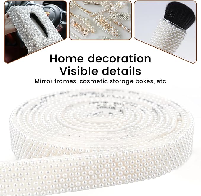 Novani Self Adhesive Pears Ribbon 1 Roll - 3 Yards Beige Pearls Crystal Diamond Bling Strips Glitter Resin Ribbon for Crafting Home DIY Decoration（Beige,0.78 Inch,3Y）