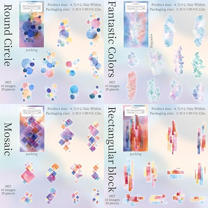 120 Pieces Creative Shapes and Colors PET Scrapbook Stickers Set, 6 Pack Aesthetic Decorative Stickers for Scrapbooking, Junk Journaling, Crafting, DIY Projects, Diaries, and Art Supplies
