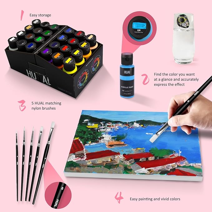 Acrylic Paint Set With 5 Brushes, 24 Colors (60ml, 2oz) for Artists Kids Beginners & Painters,Model/Canvas/Rock/Fabric/Glass/Stone/Ceramic/Wood Painting, Non Toxic
