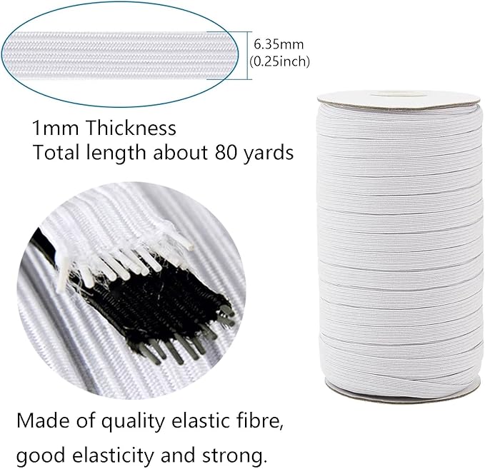 80 Yards Elastic Band 1/4 inch Wide White Elastic Strap High Elastic Cord for Sewing Waistband and Pants Waist