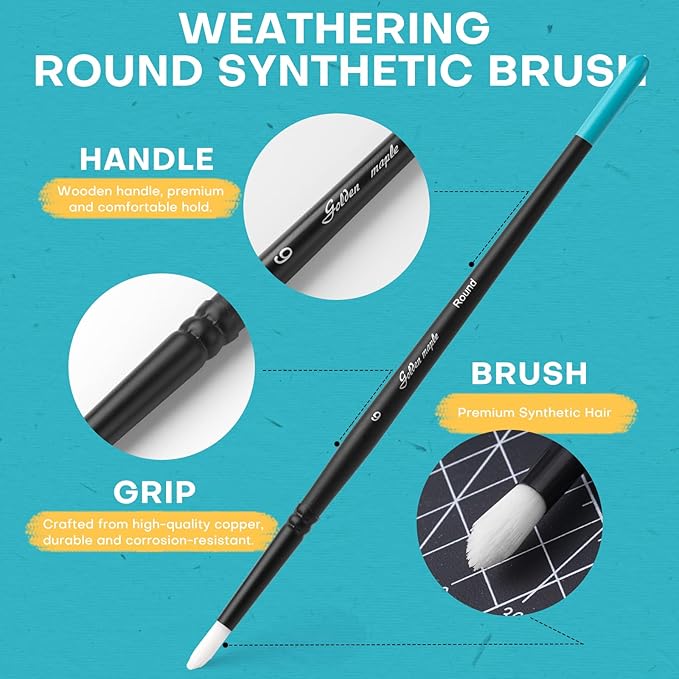 Weathering Paint Brushes-Golden Maple 3pcs Round Paint Brushes Set for Weathering Effects, Textures, Washing and Dry Brushing on Miniature Painting