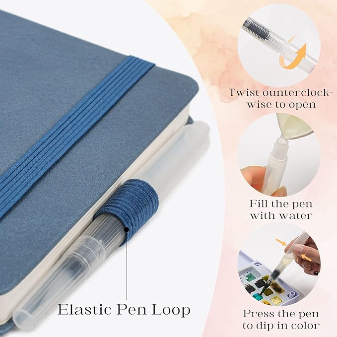 Remowith Leather Cover Watercolor Sketchbook, 6"x5.5" Journal, 300gsm Cold Press Cotton Paper (24 Sheets/48 Pages), Perfect Watercolor Journal for Markers, Pastels, Blue