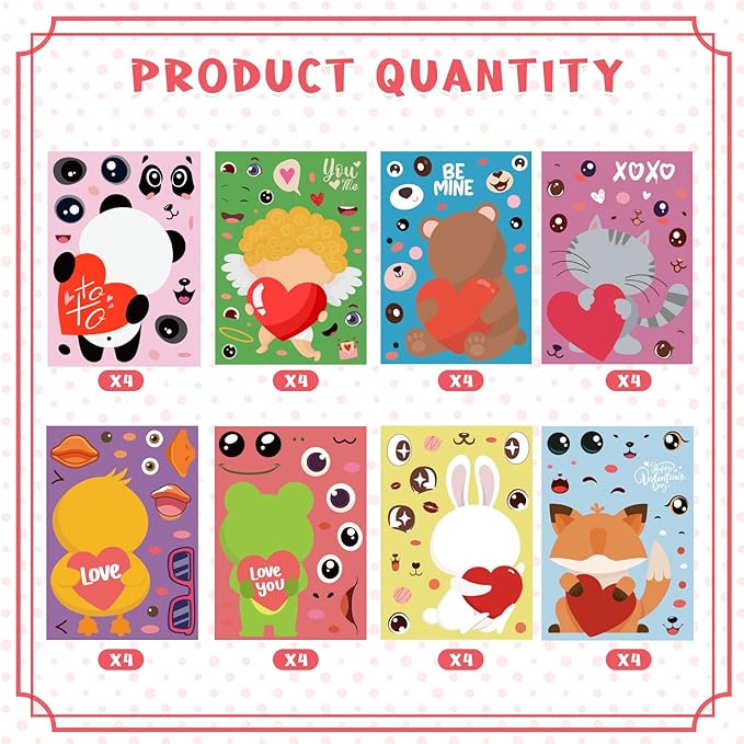 XZENTIRA 32 PCS Valentines Day Animal DIY Stickers 8 Designs Holiday Stickers for DIY Valentines Day Crafts Party Gifts Galentines Decorations
