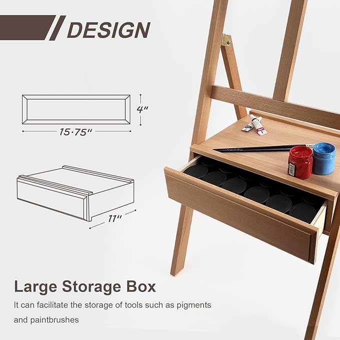 Large Solid Beech Wood Painting Easel with Storage Drawer(60"~75" H), H-Frame Adjustable Wooden Easel Stand with Signature Box for Adults, Students,Sturdy Canvas Holder up to 36''