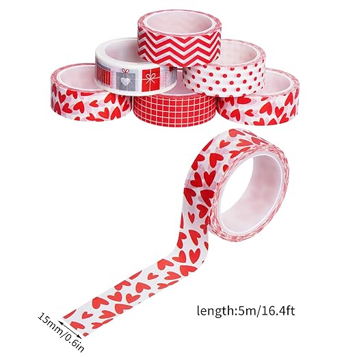 choyaxo 6 Rolls Valentine's Day Washi Tape 0.6" x 16.4ft Love Heart Pattern Masking Tape Great for DIY Journal, Calendar, Gift Wrapping, Wedding
