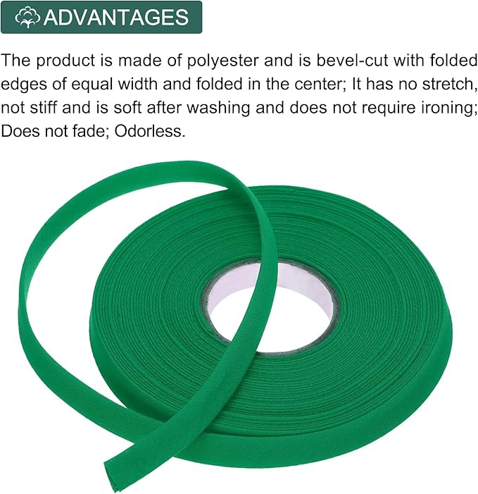MECCANIXITY 2/5 Inch Double Fold Bias Tape Polyester Continuous Bulk Bias Tape for Sewing,Seaming Quilting Hemming Binding Crafts (Green 10 Yards)