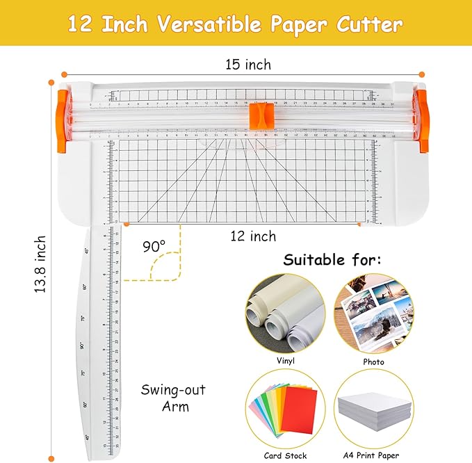 A4 Paper Cutter 12 Inch Paper Trimmer Scrapbook Supplies Tool for Craft Paper, Photo, Cardstock with Security Safeguard and Foldable Ruler(White)