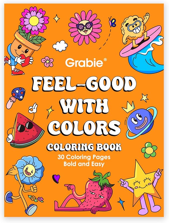Grabie Easy Coloring Book for Adults Relaxation,Simple Mindful Coloring Pages for Alcohol Markers,Stress Relief Themes Flowers,Mushrooms,Monsters and More,Cute Designs(Feel Good with Color,30 Sheets)