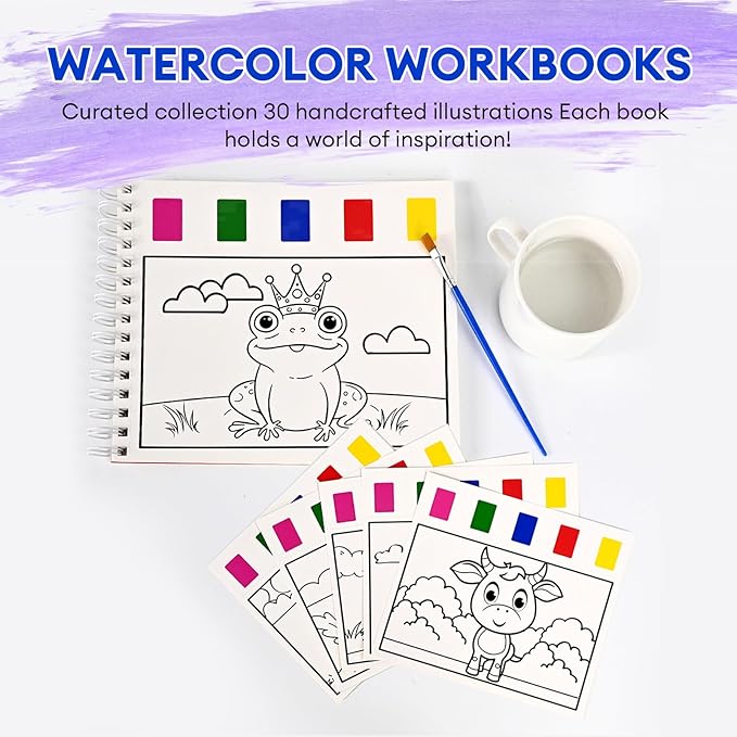 Watercolor Workbook, 30-Page Water Painting Book with 2 Brushes – Mess-Free Reusable Arts & Crafts Gift for Kids