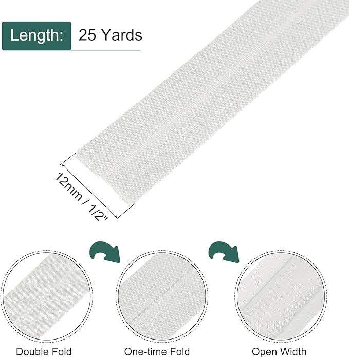 MECCANIXITY 1/2 Inch Single Fold Bias Tape Cotton Continuous Bulk Bias Tape for Sewing,Seaming Quilting Hemming Binding Crafts (Light White 25 Yards)
