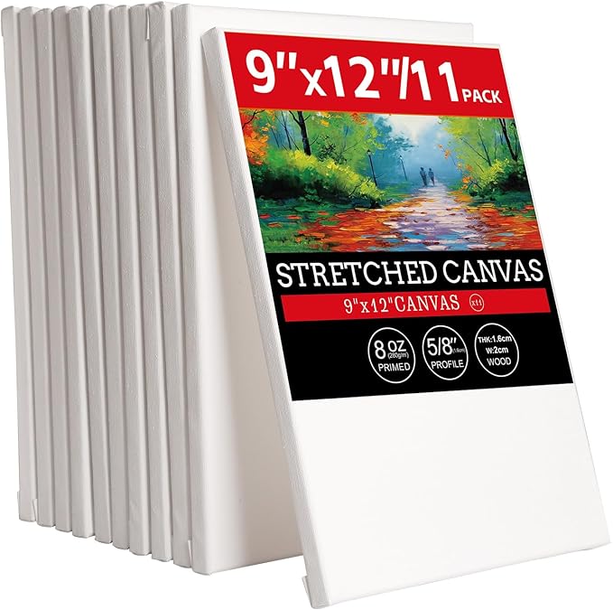 11 Pack 9x12 Stretched Canvases - 100% Cotton Large Canvas Boards for Oil, Acrylic & Other Painting Media