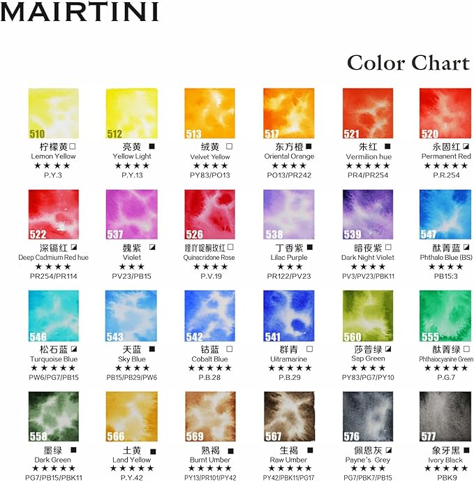 Mairtini Academy Grade Brilliant Series “Oriental Charm” Half-pan Solid Watercolor Paint 24 Colors Set with Red Iron Case