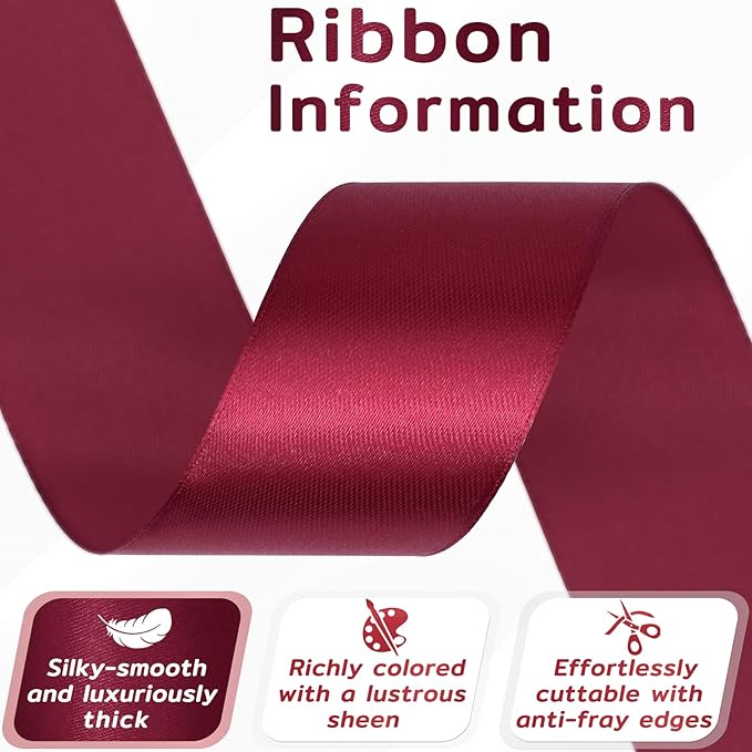 60 Yards Wine Red Satin Ribbon 1-1/2 Inch, Solid Burgundy Polyester Fabric Ribbon for Gift Wrapping, Crafts, Flower Bouquet, Wedding, Festival, Christmas, Halloween