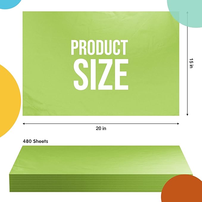 Party Solids Lime Green Tissue Paper for Gift Bags - 15" X 20" Bulk Tissue Paper Lime Green 480 Sheets - 10lb Newsprint for Packing, Birthday Gift Box Filler, Packing Supplies for Moving Supplies