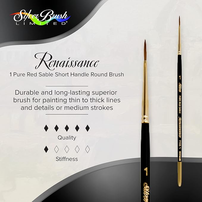 Silver Brush Limited 7100S-1 Renaissance Round Paintbrush for Oil, Watercolor, Gouache, Inks, Dyes, Fluid, & Flow Acrylic, Size 1, Short Handle