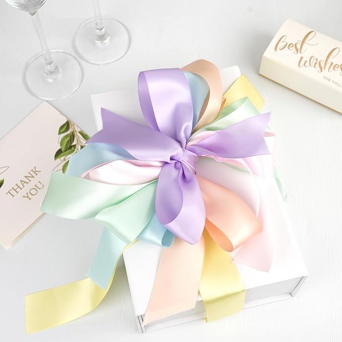Pastel Ribbon Assortment - 1.5 Inch Double Face Rainbow Colored Satin Ribbon 6 Rolls, 30 Yards for Garland Baby Shower Crafts Birthday Party Wedding Easter's Day Christmas