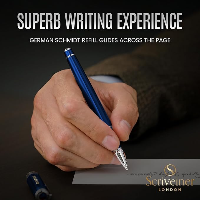 Scriveiner Personalized Midnight Blue Rollerball Pen - Stunning Blue Lacquer Luxury Pen, Chrome Finish, Schmidt Ink Refill, Best Engraved Roller Ball Gift Set for Men & Women, Custom Name Engraving