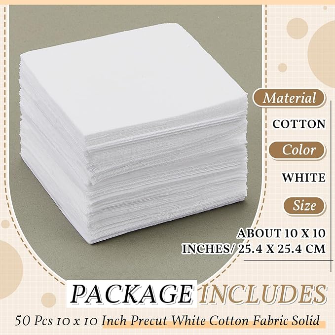 50 Pcs 10x10 Inches Cotton Fabric Squares Precut Quilting Fabric Bundles White Cotton Fabrics Squares for DIY Beginners Sewing Craft for Patchwork Sewing Scrapbooking Quilting