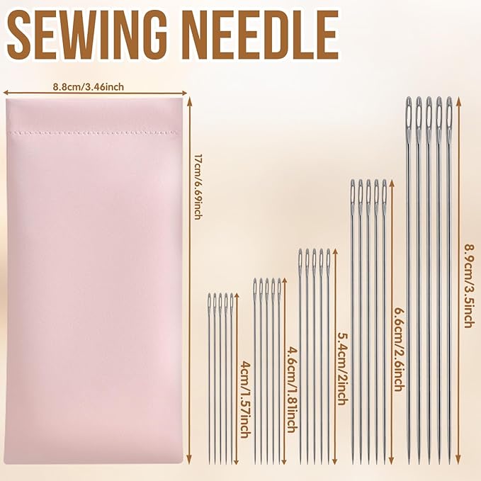 38Pcs Big Eye Steel Sewing Needles Kit, Include 25 Steel Needles, 1 Seam Sewing Thread Ripper, 2 Needle Threaders, 6 Threads, 2 Thimbles, 1 Storage Tube, 1 Storage Bag for Mending, Gift for Lovers