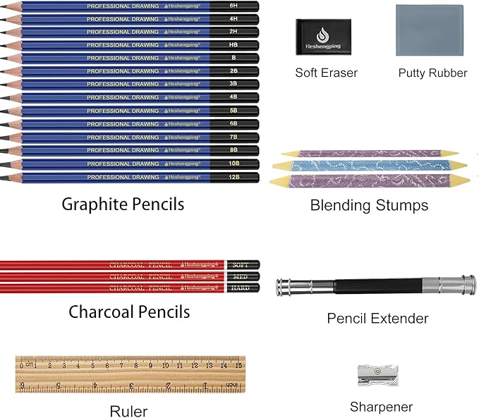Drawing Sketching Pencil Set, 26 pcs Draw Supplies Kit, 14 Graphite (12B -6H), Charcoal Erasers Sharpener Extender, Ideal for Drawing Art, Sketching, Shading, Artist Pencils for Beginners Pro Artists
