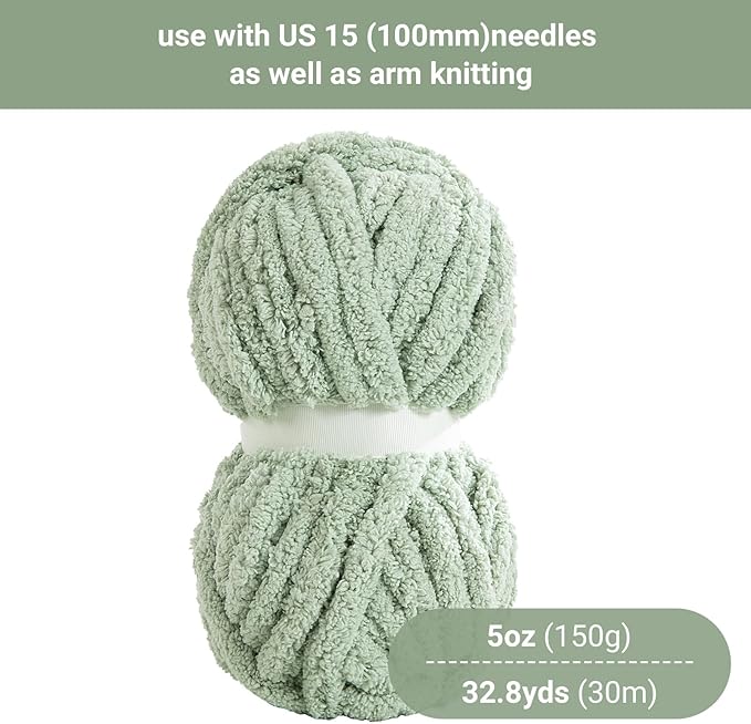 HOMBYS Sage Green Chunky Chenille Yarn for Hand Knitting,Fluffy Soft Jumbo Yarn Crocheting,Super Bulky Big Yarn for Chunky Blanket,Large Thick Arm Knitting Yarn,8 Pack Plush Yarn