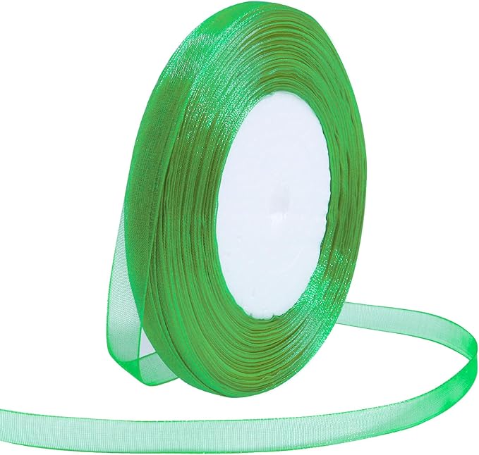 Green Ribbon for Gift Wrapping 3/8 inch Sheer Organza Ribbon for Flower Bouquet Tulle Chiffon Ribbons for Wedding Invitations Christmas Halloween Decorations Crafts 50 Yards