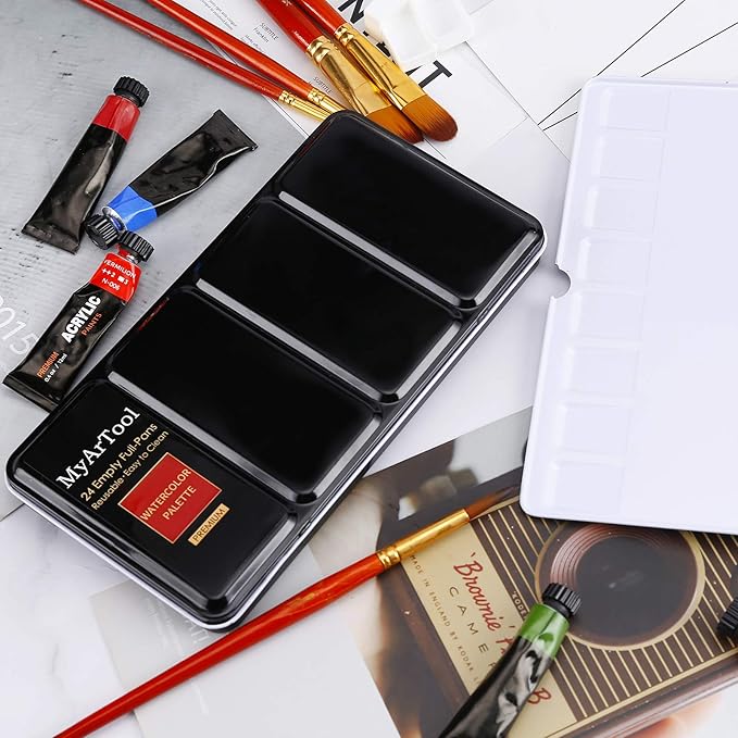 MYARTOOL Metal Palette Case - Fold-Out Paint Tins Hold 24 Pans, Travel Palette for Watercolor & Acrylic Painting