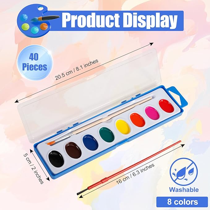 40 Pack Watercolor Paint Set Bulk,8 Colors Washable Paint Set for Kids and Adults,Water Color Paints with Brushes for Party Favors, Gifts, Art Activitie