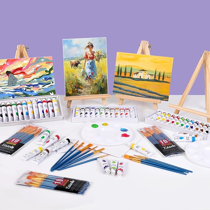 ESRICH 104PCS Acrylic Paint Canvas Set, Acrylic Painting Kit with 4 Set of 12 Colors Acrylics Paint,Paint Brushes,Canvas, Wooden Easels, Art Plates, Art Painting Supplies for Kids Adults Beginners