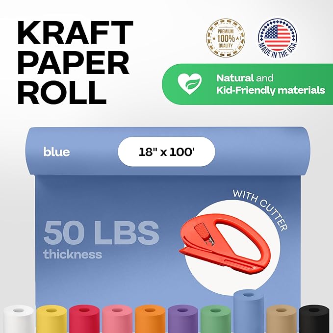 Blue Kraft Paper Roll 18" x 1200" (100 feet) with Cutter - USA-Made Gift Wrapping Paper for Packing, Moving, Shipping & Crafts/Arts - 100% Recyclable Natural Craft Material by IDL Packaging