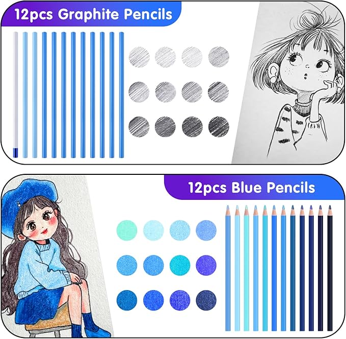 Mifuner Professional Drawing Set, 12 Colored Pencils & 12 Graphite Pencils with Eraser & Case, Art Supplies for Sketching Shading Blending, Gifts for Artists Adults Beginners.Blue Black