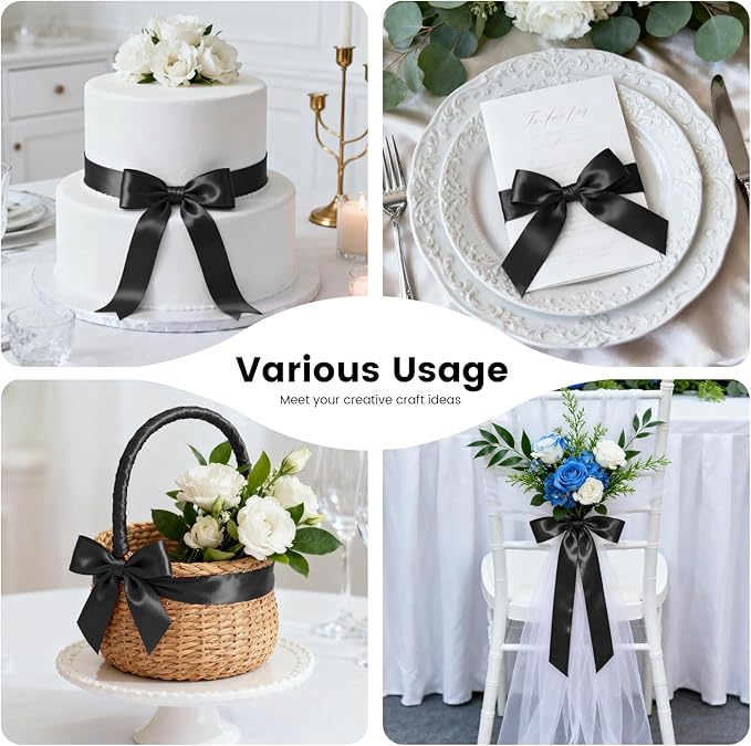 1-1/2 Inch 25 Yards Satin Ribbon Black, Solid Color Fabric Ribbon for Gift Wrapping, Wedding, Polyester Gift Ribbon for Birthday Party Decoration, Craft, Hair, Floral, Sewing
