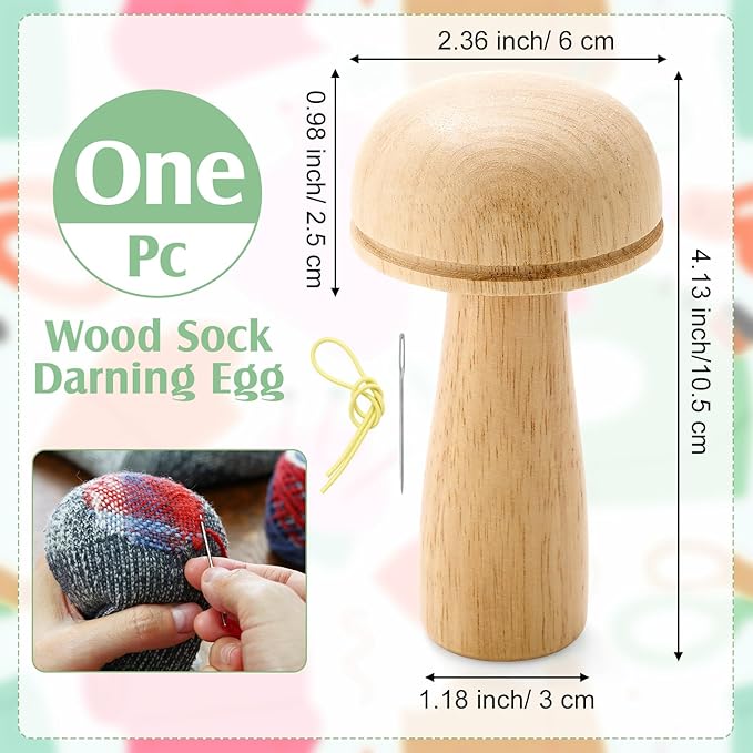 Jexine Darning Mushroom for Socks Wooden Darning Supplies Kit with Large Eye Needles Sewing Threads for Socks Clothes Adults Darner DIY Handicraft Home Sewing Care(Regular Color)