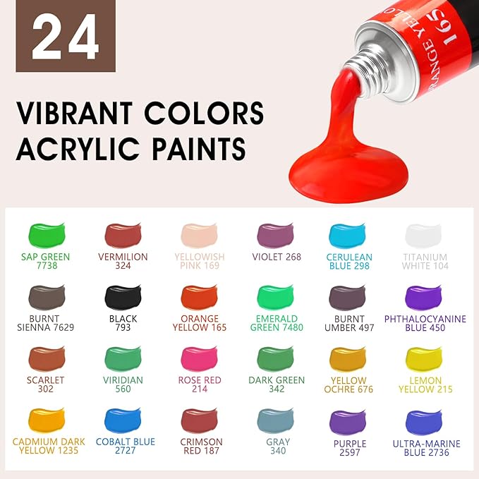 ESRICH 40PCS Acrylic Paint Set, Art Painting Supplies Kit with 24 Paints, 2 Canvas Panels,10 Brushes, Table Metal Easel Etc, Premium Paint Set for Students, Artists and Beginner