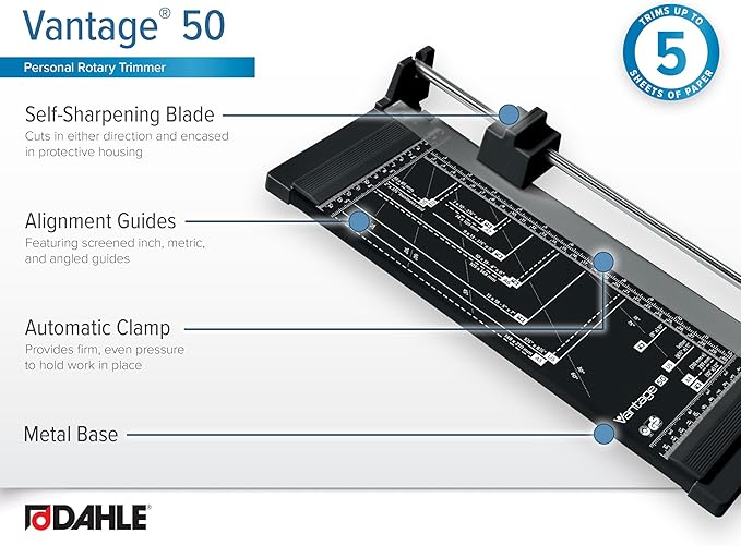Dahle Vantage 50 Rotary Trimmer, 12" Cut Length, 5 Sheet Capacity, Self-Sharpening, Automatic Clamp, German Engineered Paper Cutter
