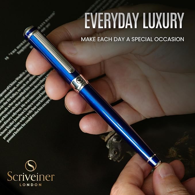 Scriveiner Personalized Midnight Blue Rollerball Pen - Stunning Blue Lacquer Luxury Pen, Chrome Finish, Schmidt Ink Refill, Best Engraved Roller Ball Gift Set for Men & Women, Custom Name Engraving