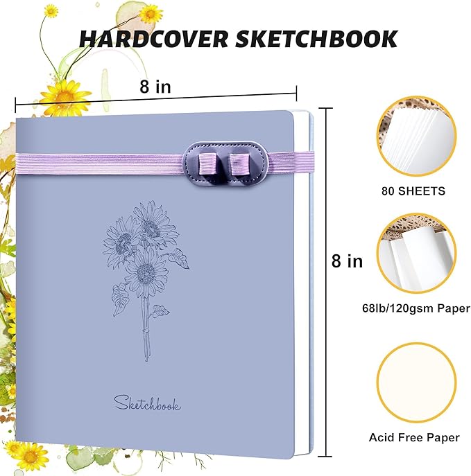 Yoment Hardcover Sketch Book, Sketchbook for Drawing with 2 Pencils, 150GSM Thick Paper, Square Art Sketch Book Drawing Paper Book 160 Pages Sketch Pad Journal for Women Adults,Gift Boxed,Purple