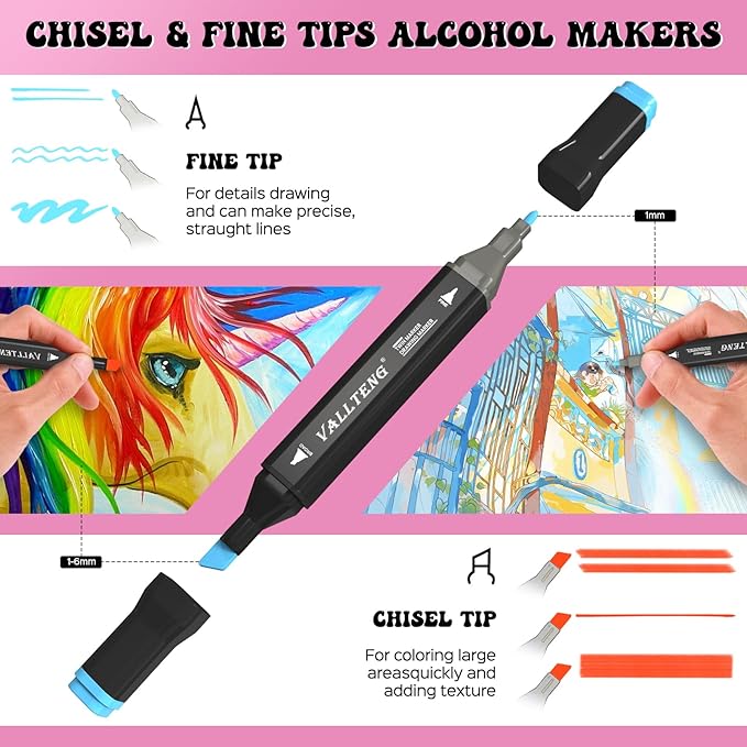 Alchilalart 170 Colors Dual Tip Sketching Drawing Markers, Set for Adults & Kids