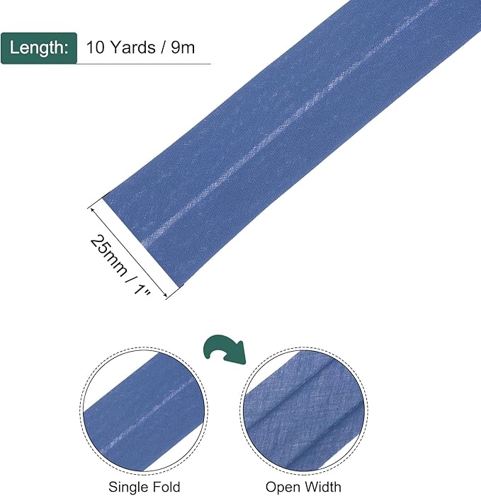 MECCANIXITY 1 Inch Single Fold Bias Tape Cotton Continuous Bulk Bias Tape for Sewing, Seaming Quilting Hemming Binding Crafts (Bright Blue 10 Yards)