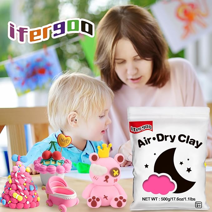Ifergoo Pink Air Dry Modeling Clay- Moldable Cosplay, Air Dry, Squishy Molding Clay for Adult Arts & Craft Project, Fake Bake, Slime Supplies, 1.1LBS/500G