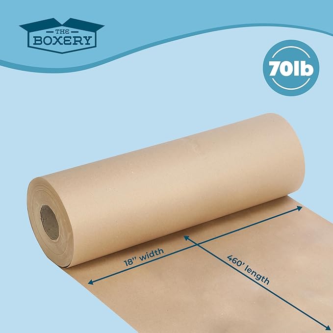 The Boxery Kraft/Brown Kraft Paper Roll, 18” x 5520” (460’)-70lb. Thickness Extra-Heavy Duty Brown Wrapping Paper,Natural Kraft Packing Paper,Void Fill,Arts and Crafts,Bulletin Boards, Gift Wrapping