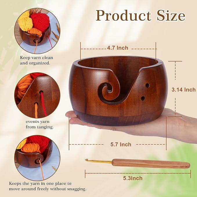 Wooden Yarn Bowl with 8Pcs Metal Crochet Hooks, Knitting Yarn Bowl with Holes Storage Handmade to Prevent Slipping, Perfect Yarn Holder Bowl for Crocheting and Knitting Mother's Day Gift 5" x 3"