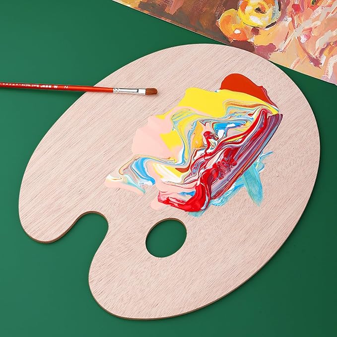 2 Pack Wooden Paint Palette - Wooden Oval-Shaped Artist Painting Palette with Thumb Hole - Wood Paint Color Mixing Tray - Easy Clean, Mix Acrylic, Oil, Watercolor