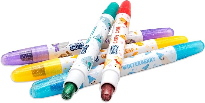 Holiday Smelly Gellies - Patented Gourmet Scented Glidewrite Glitter Gel Coloring Sticks, Crayons, Highlighters - 5 Count - Gifts for Kids, Stocking Stuffer