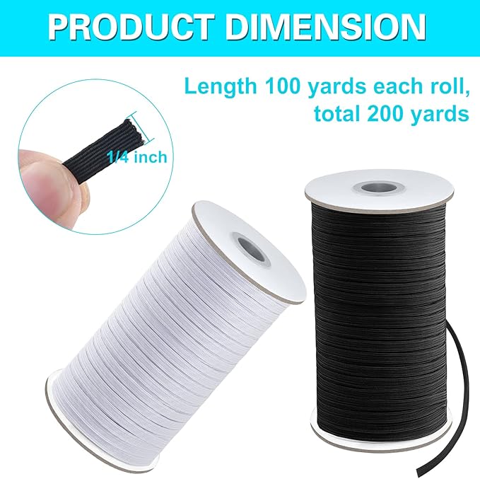 Coopay 200 Yards Length 1/4" Width Elastic Bands Flat Elastic Cord Rope Heavy Stretch Spool Knit for Sewing DIY Projects, Arts & Crafts, 2 Rolls, 100 Yards/Roll (Black and White, 1/4 Inch)