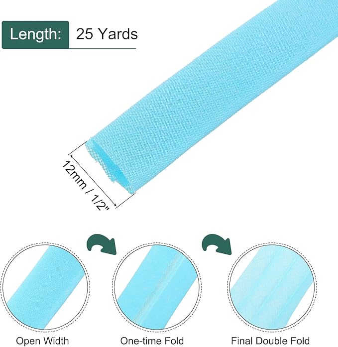MECCANIXITY 1/2 Inch Double Fold Bias Tape Continuous Bulk Cotton Bias Tape for Sewing Seaming Quilting Hemming Binding Crafts (Light Blue 25 Yards)