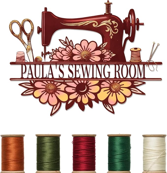 Custom Sewing Machine Metal Sign with Name, Personalized Sewing Room Quilting Studios Craft Space Decor, Customized Mother's Day Birthday Gifts for Quilters Women Mom Grandma Wife